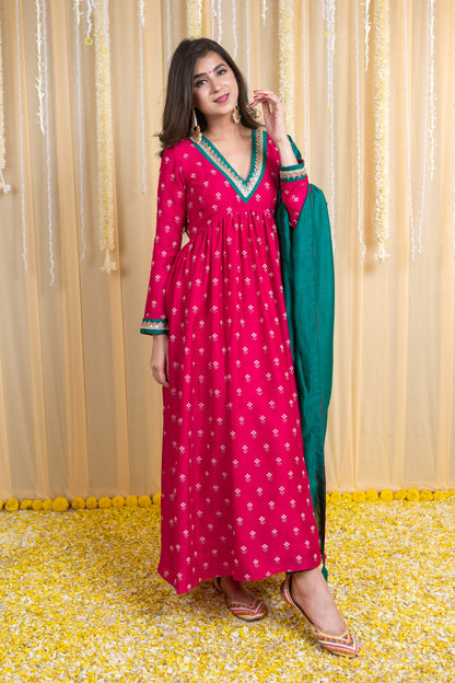 Pink & Green Rubber Foil Print Flared Anarkali Set