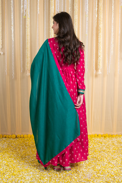Pink & Green Rubber Foil Print Flared Anarkali Set