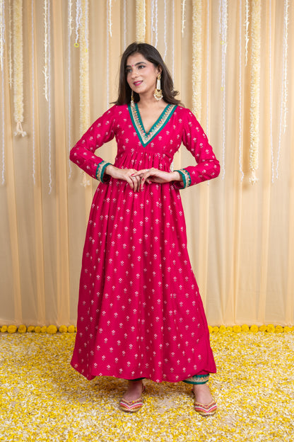 Pink & Green Rubber Foil Print Flared Anarkali Set