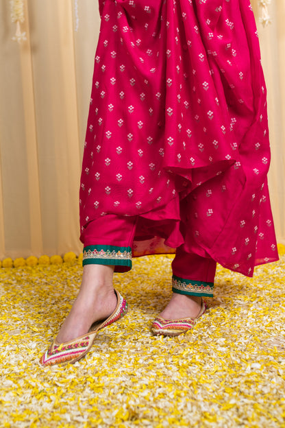 Pink & Green Rubber Foil Print Flared Anarkali Set