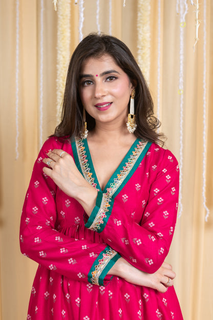 Pink & Green Rubber Foil Print Flared Anarkali Set