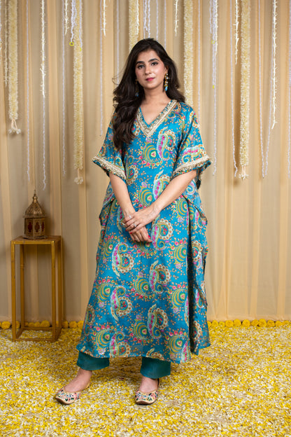 Turquoise Blue Floral Embroidered Kaftan Set