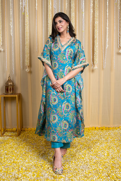 Turquoise Blue Floral Embroidered Kaftan Set