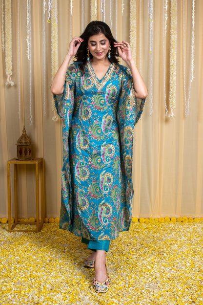 Turquoise Blue Floral Embroidered Kaftan Set