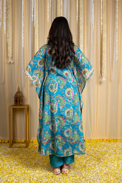 Turquoise Blue Floral Embroidered Kaftan Set
