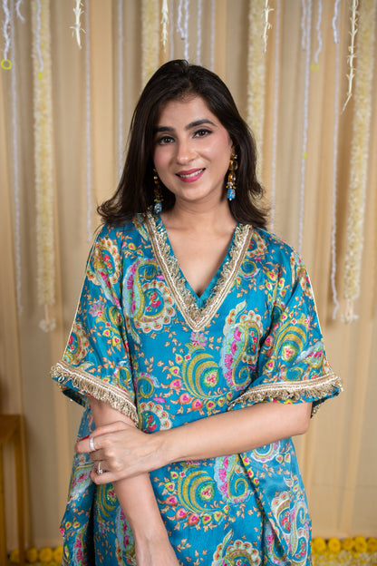 Turquoise Blue Floral Embroidered Kaftan Set