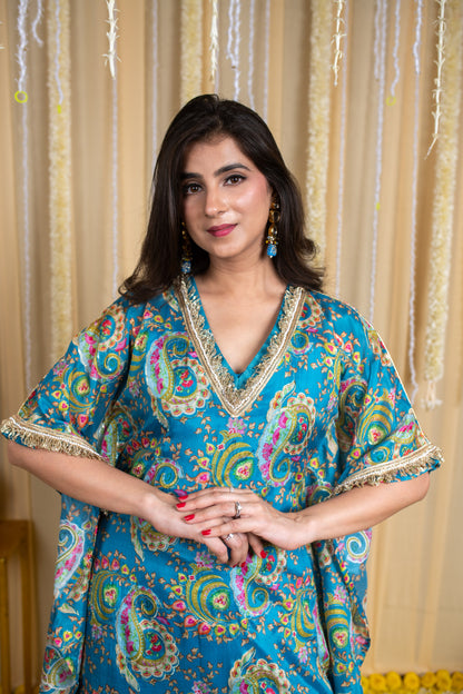Turquoise Blue Floral Embroidered Kaftan Set