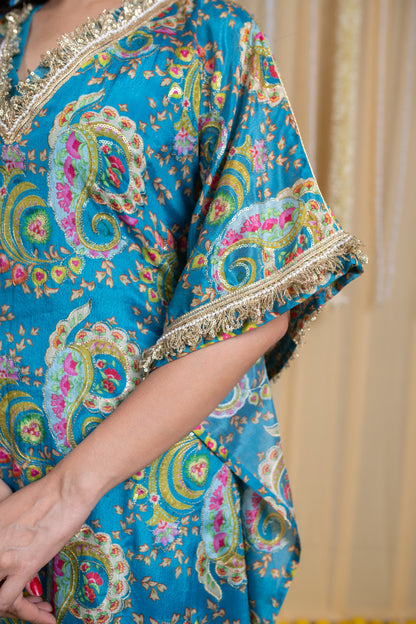Turquoise Blue Floral Embroidered Kaftan Set