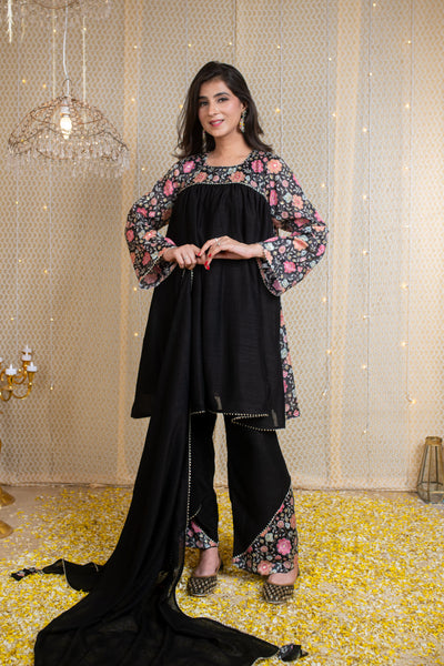 Flared Black Short Kurta Set with Embroidery