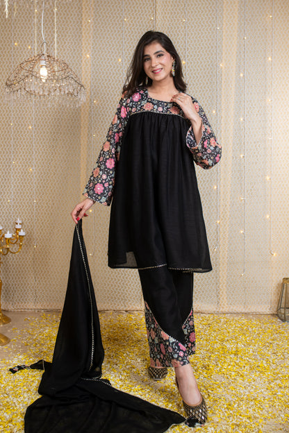 Flared Black Short Kurta Set with Embroidery