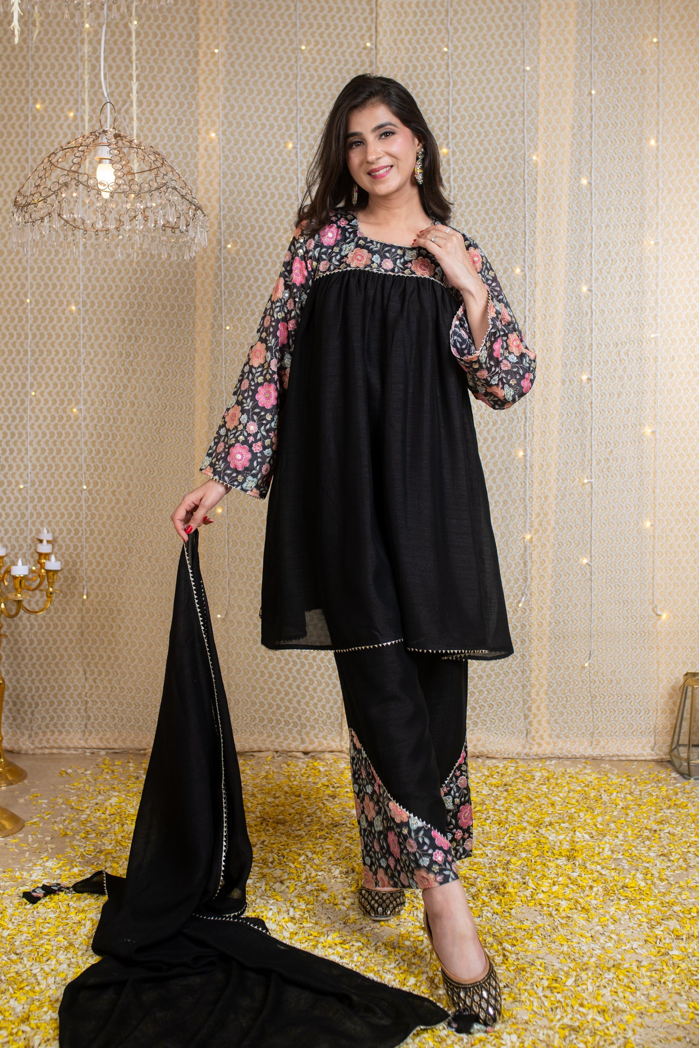 Flared Black Short Kurta Set with Embroidery