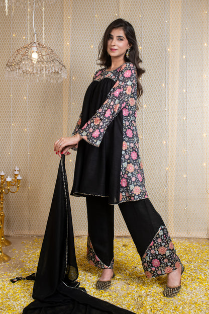 Flared Black Short Kurta Set with Embroidery