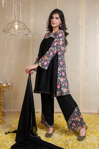 Flared Black Short Kurta Set with Embroidery
