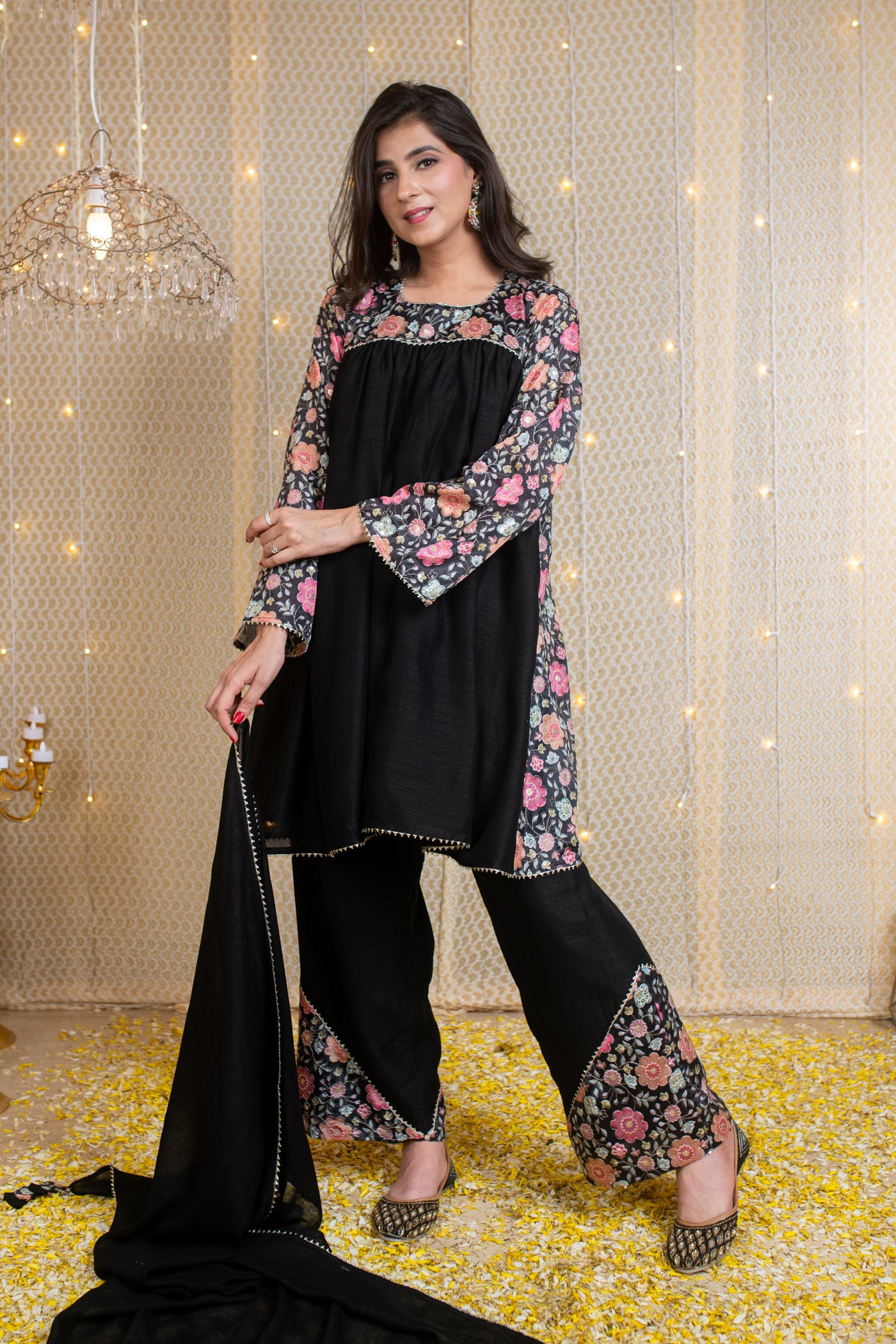 Flared Black Short Kurta Set with Embroidery
