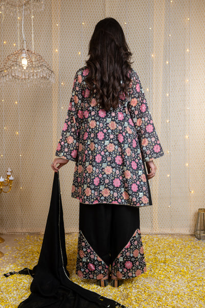 Flared Black Short Kurta Set with Embroidery