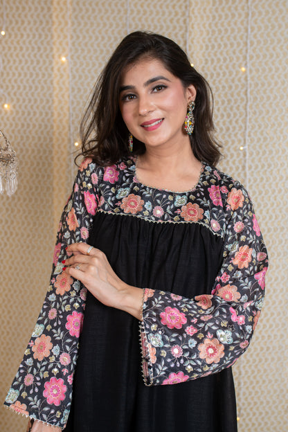 Flared Black Short Kurta Set with Embroidery