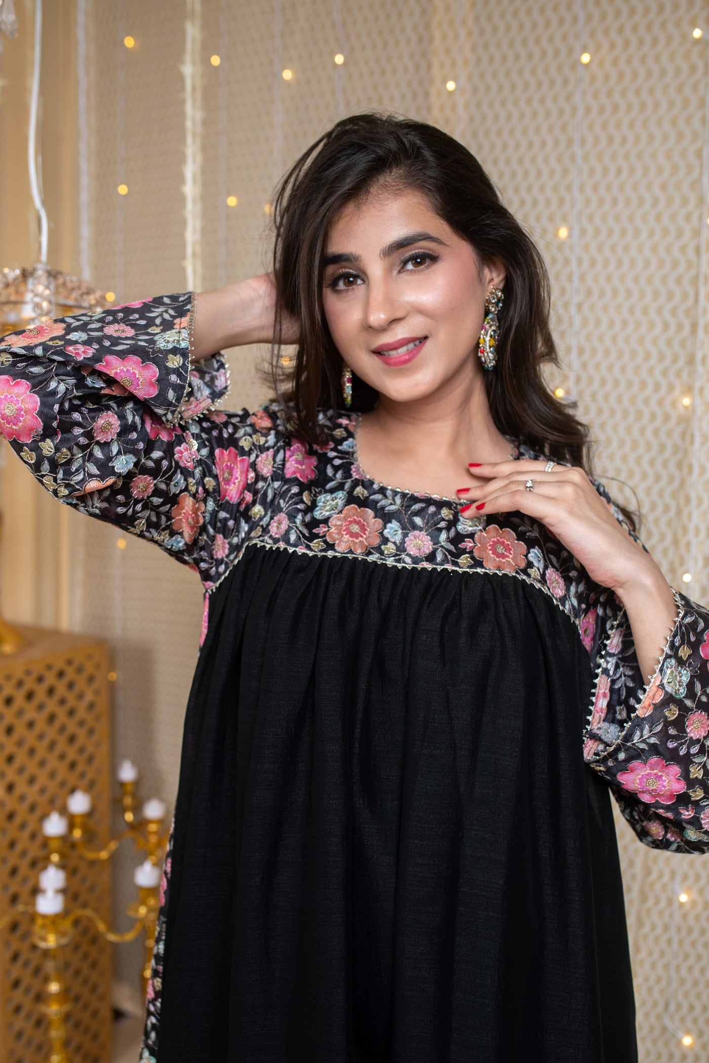 Flared Black Short Kurta Set with Embroidery