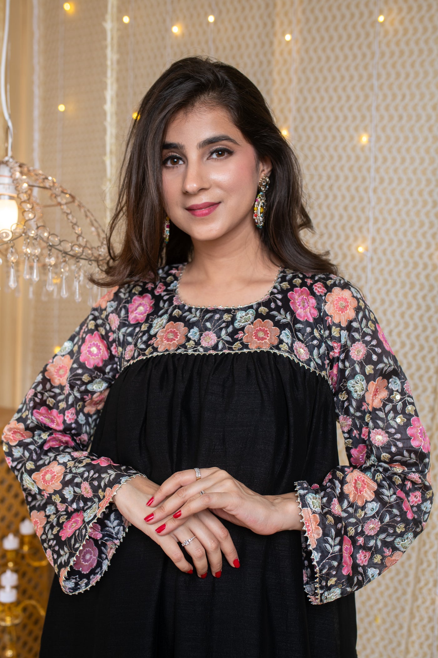 Flared Black Short Kurta Set with Embroidery