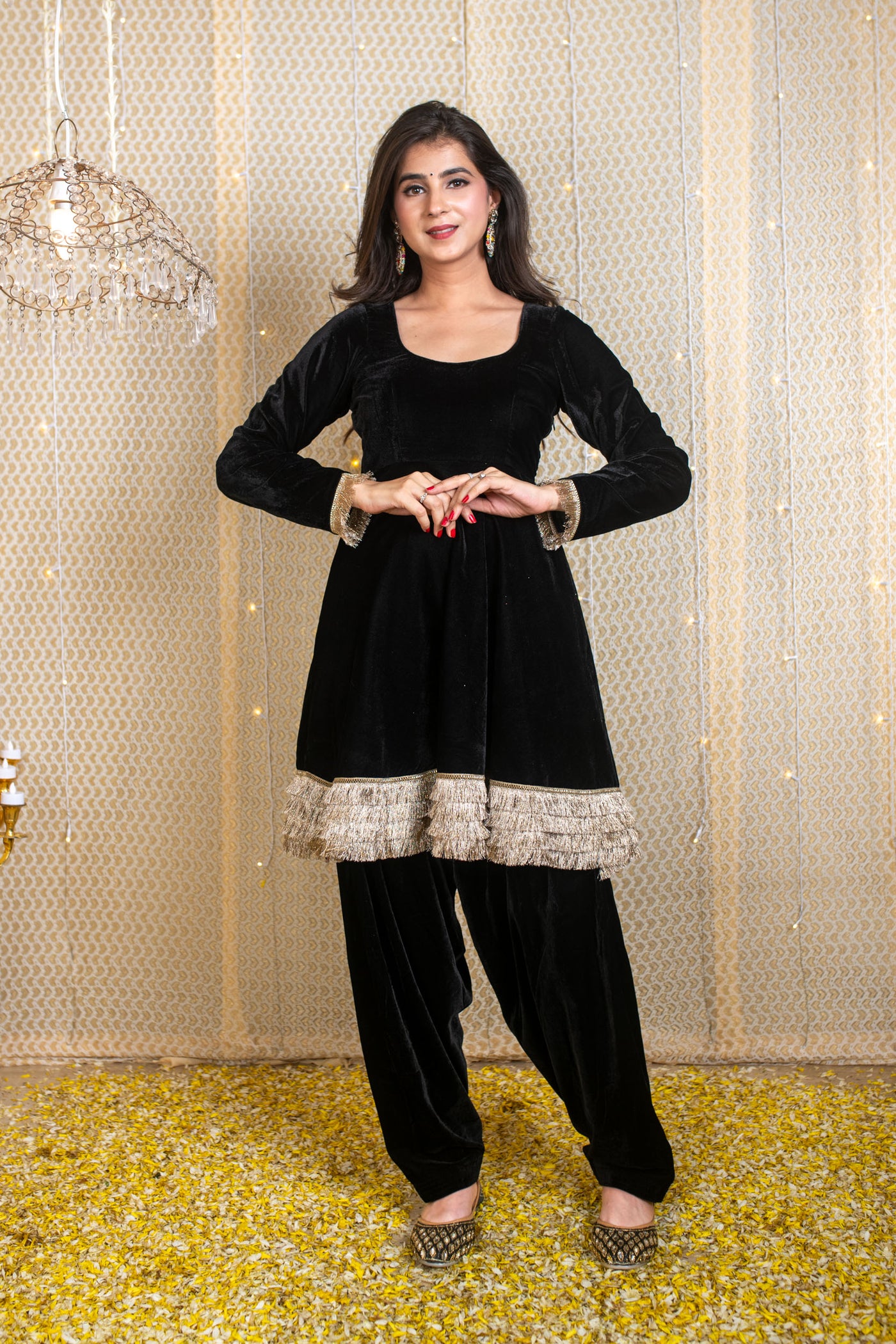 Velvet Black Short Anarkali Suit Set with Tissue Dupatta