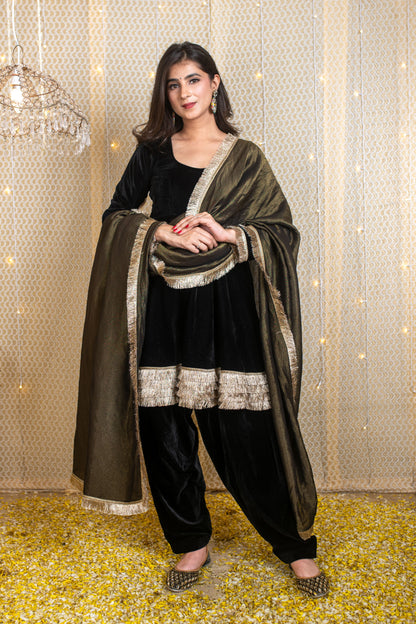 Velvet Black Short Anarkali Suit Set with Tissue Dupatta