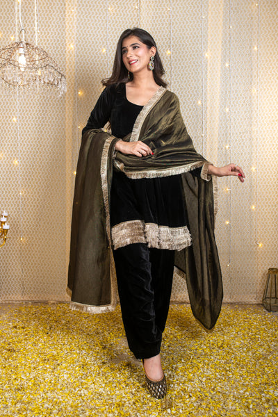 Velvet Black Short Anarkali Suit Set with Tissue Dupatta