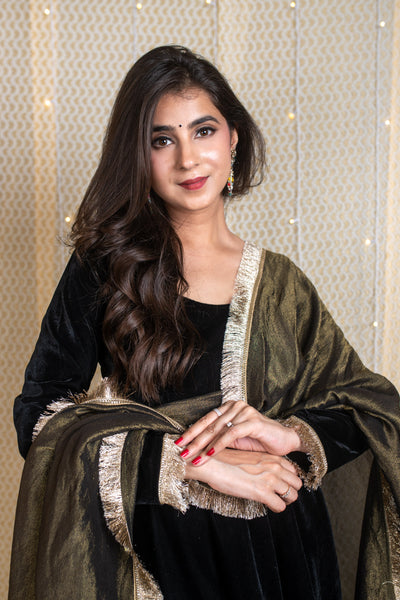 Velvet Black Short Anarkali Suit Set with Tissue Dupatta