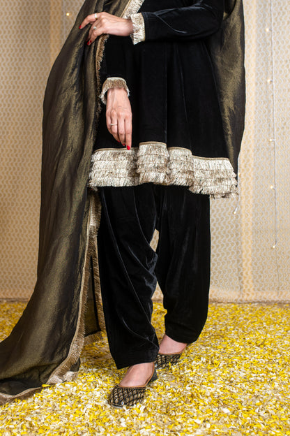 Velvet Black Short Anarkali Suit Set with Tissue Dupatta