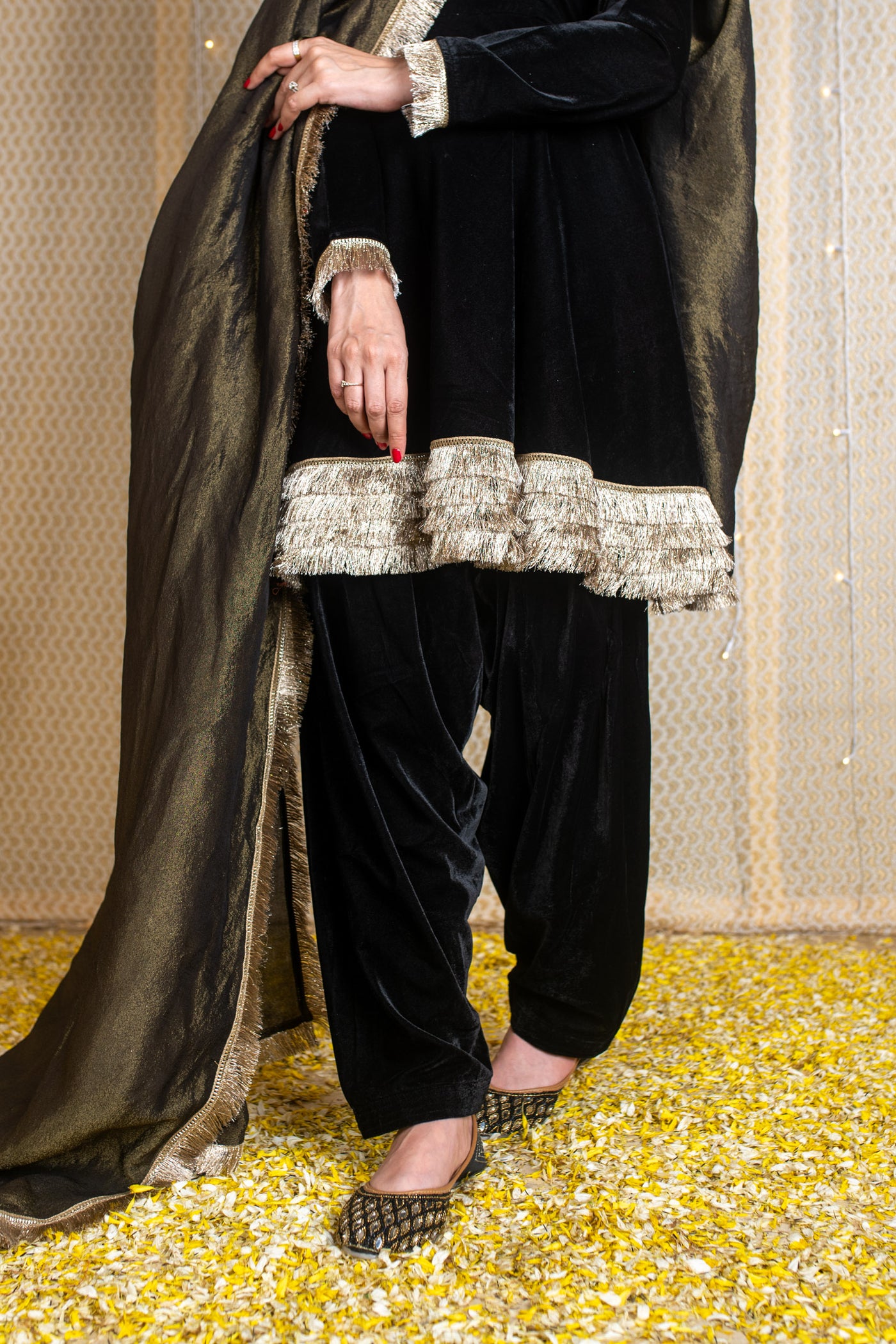 Velvet Black Short Anarkali Suit Set with Tissue Dupatta