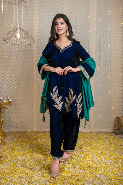 Velvet Blue & Green Embroidered Short Kurta Set
