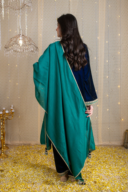 Velvet Blue & Green Embroidered Short Kurta Set