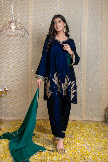 Velvet Blue & Green Embroidered Short Kurta Set