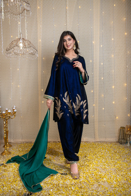 Velvet Blue & Green Embroidered Short Kurta Set