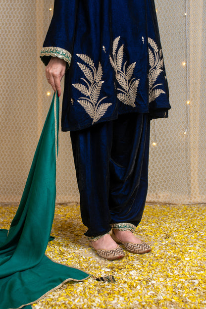 Velvet Blue & Green Embroidered Short Kurta Set