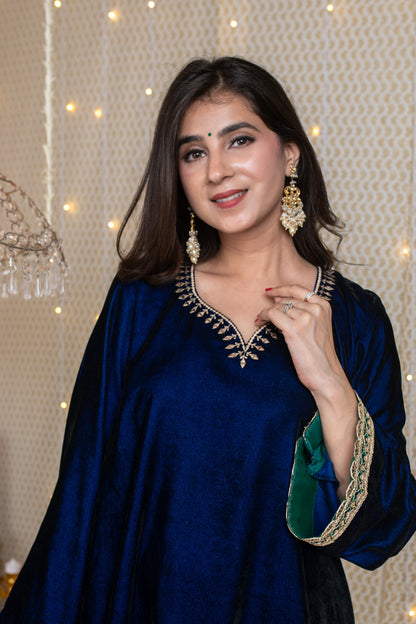 Velvet Blue & Green Embroidered Short Kurta Set