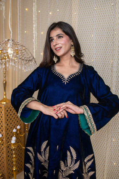 Velvet Blue & Green Embroidered Short Kurta Set