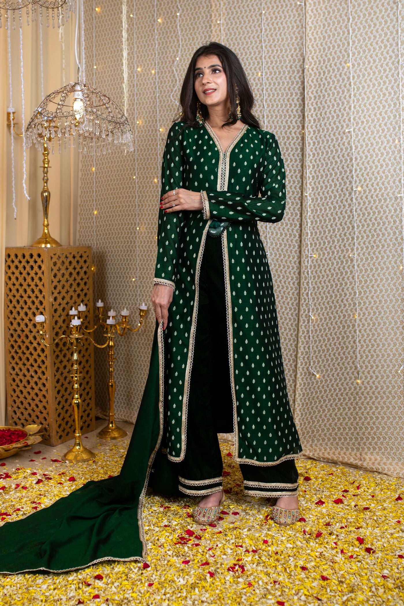 Emerald Green Slit A-Line Kurta Set with Velvet Pajama