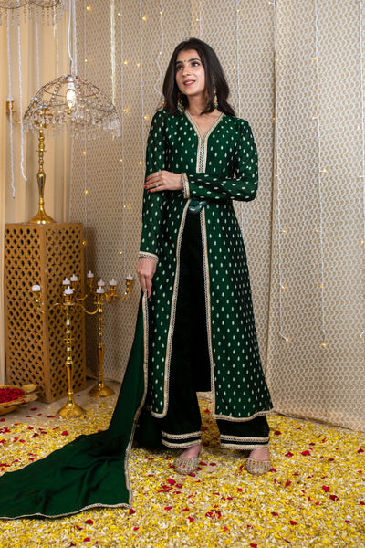 Emerald Green Slit A-Line Kurta Set with Velvet Pajama