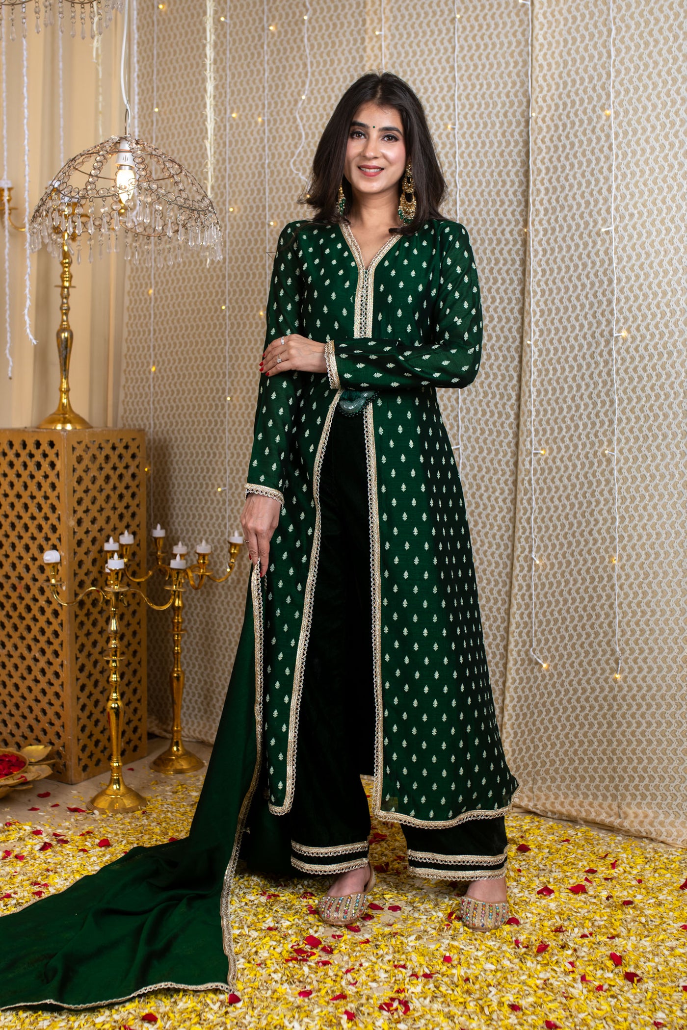 Emerald Green Slit A-Line Kurta Set with Velvet Pajama