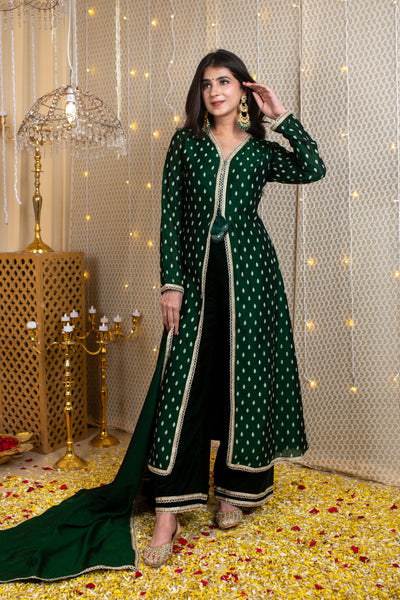 Emerald Green Slit A-Line Kurta Set with Velvet Pajama