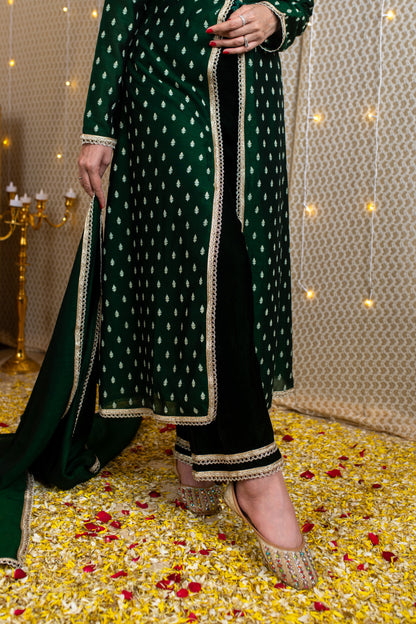 Emerald Green Slit A-Line Kurta Set with Velvet Pajama