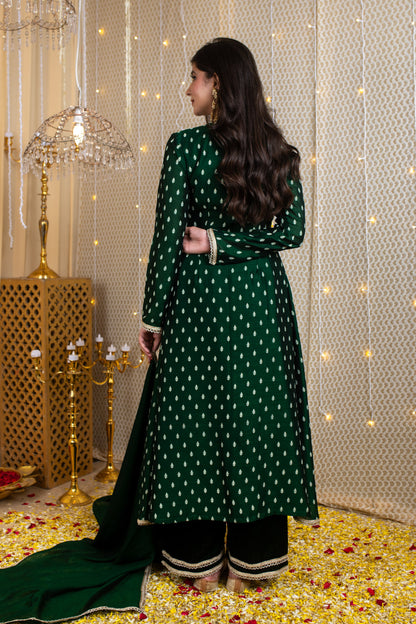 Emerald Green Slit A-Line Kurta Set with Velvet Pajama