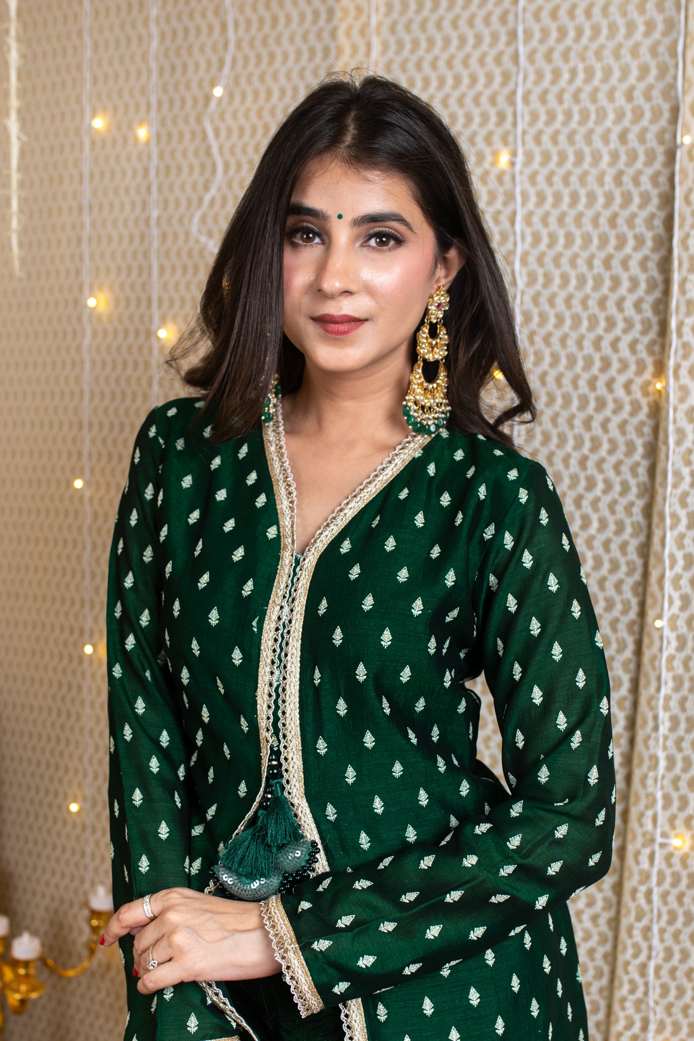 Emerald Green Slit A-Line Kurta Set with Velvet Pajama