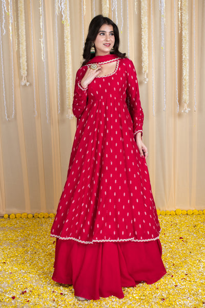 Red Anarkali Lehenga Set with Rubber Foil Detailing