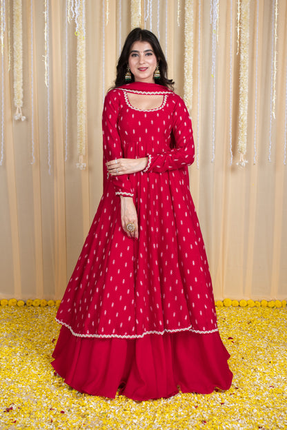 Red Anarkali Lehenga Set with Rubber Foil Detailing