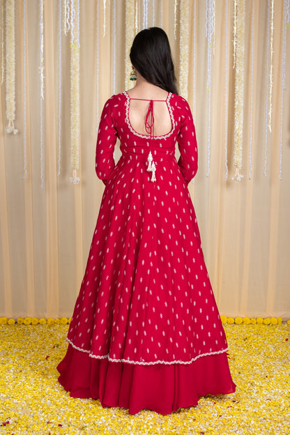 Red Anarkali Lehenga Set with Rubber Foil Detailing