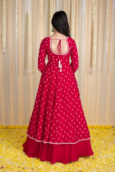 Red Anarkali Lehenga Set with Rubber Foil Detailing