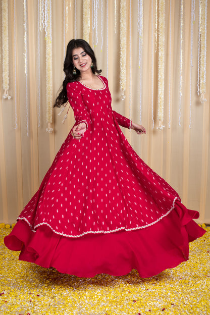 Red Anarkali Lehenga Set with Rubber Foil Detailing