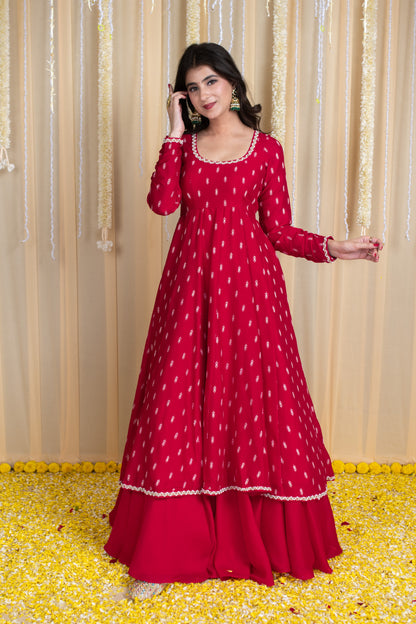 Red Anarkali Lehenga Set with Rubber Foil Detailing