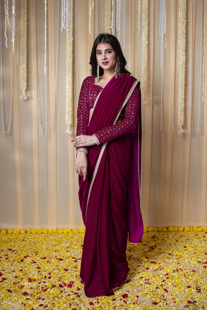 Velvet Magenta Embellished Blouse Ready to Wear Saree