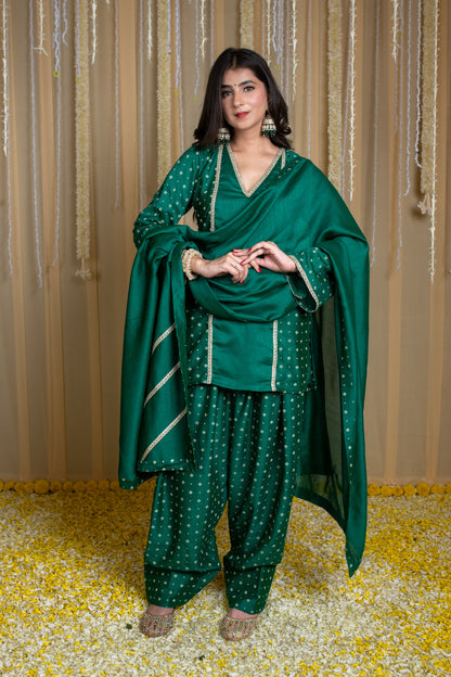 Arabian Green Short Kurta & Farshi Salwar with Rubber Foil Print